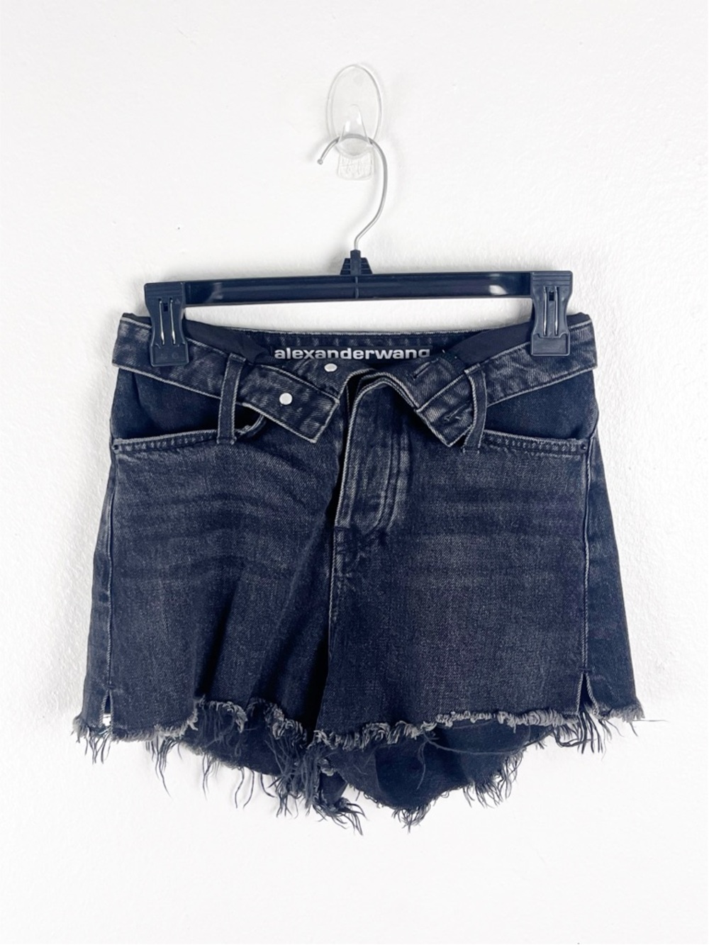 ALEXANDER WANG Black Denim Fray Fold Down Button Front Cut-Off Jean Shorts 25